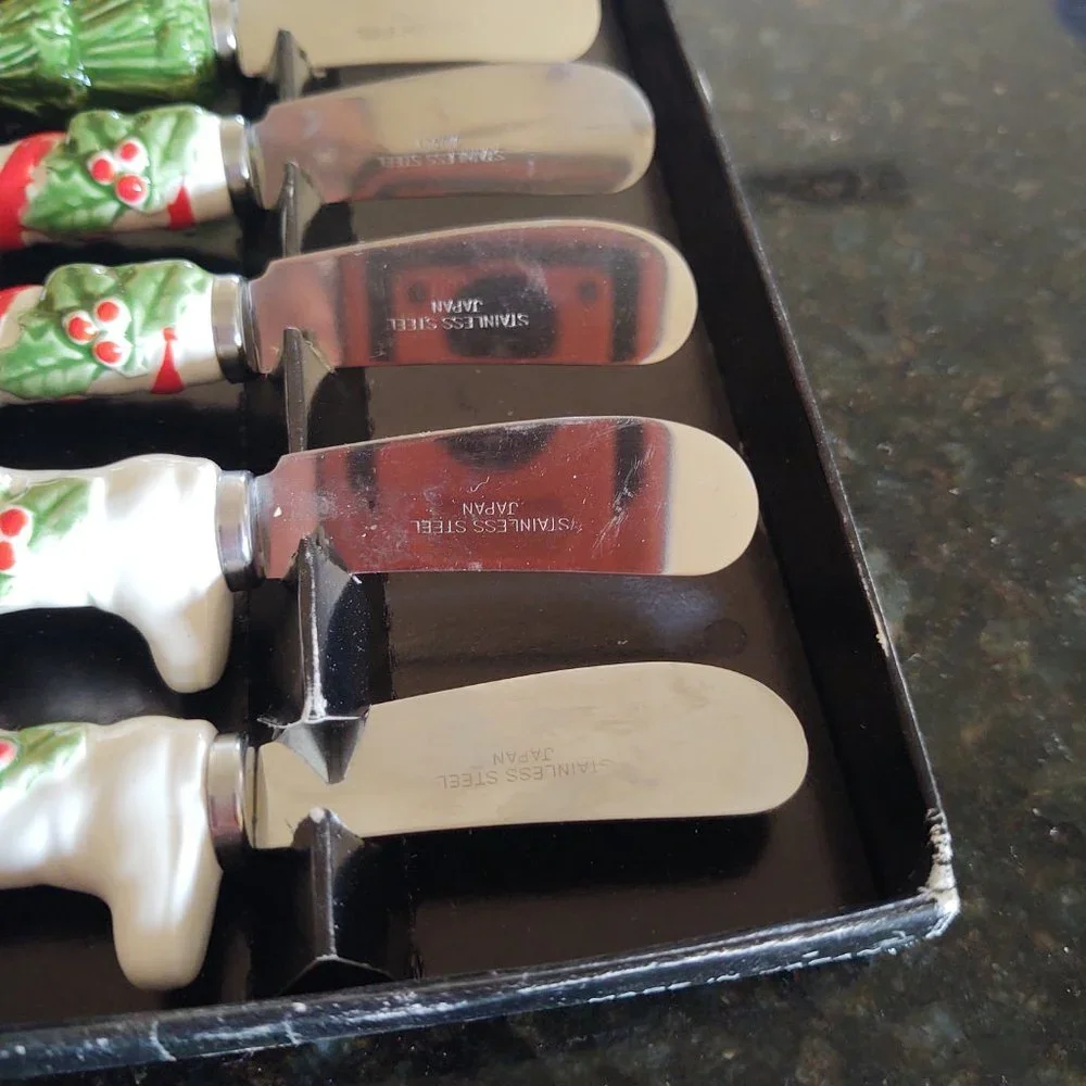 Vintage 1950s 60s Set of Novelty Christmas Theme Butter Spread Knives - Made in